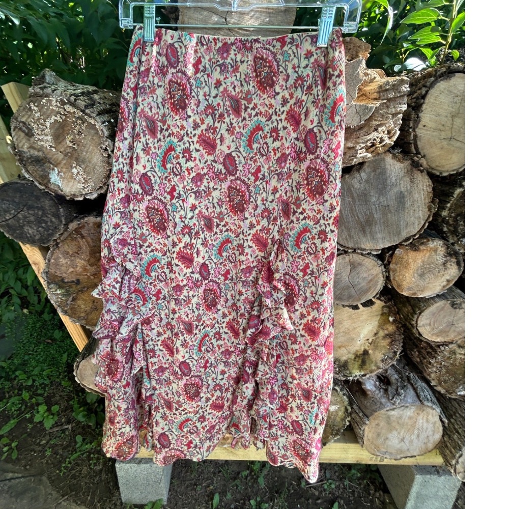 Chaps Midi Skirt Paisley Ruffle Front Y2K Boho Aesthetic Cottagecore